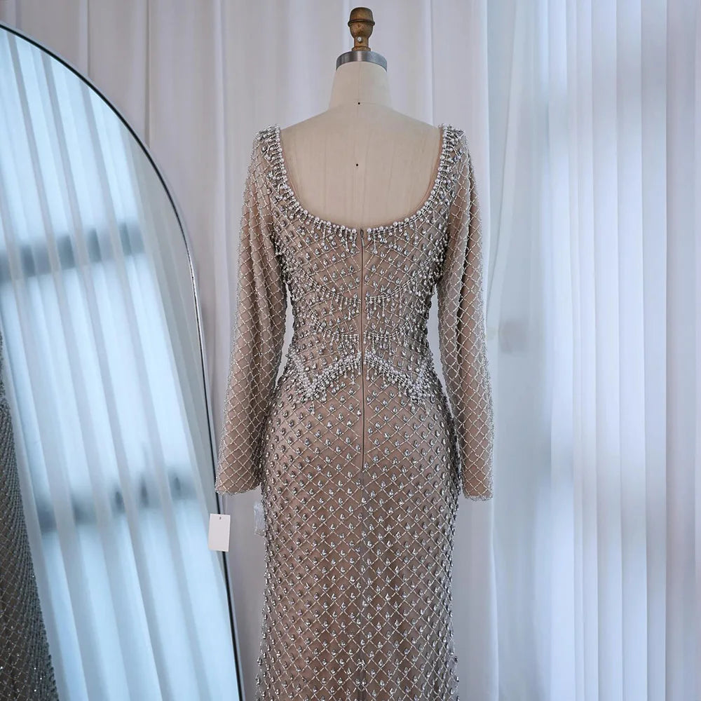 Luxury Pearl Beaded Mermaid Evening Dress with Long Sleeves LA72919A