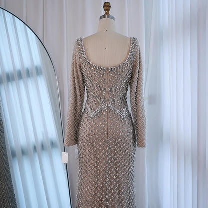Luxury Pearl Beaded Mermaid Evening Dress with Long Sleeves LA72919A