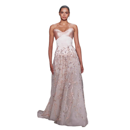 Luxury Nude Pink Strapless Beaded A-Line Evening Dress LA73396