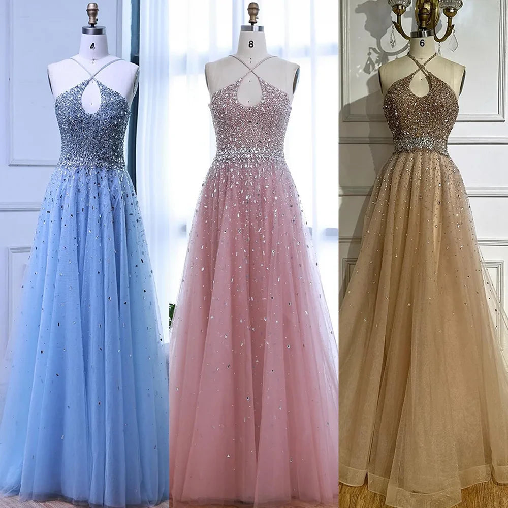 Caramel Halter Beaded Tulle A-Line Evening Gown Dubai Saudi LA72863