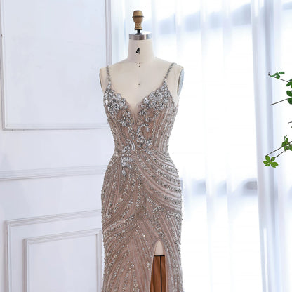 Luxury Nude Beaded High Slit Mermaid Evening Dress LA73340