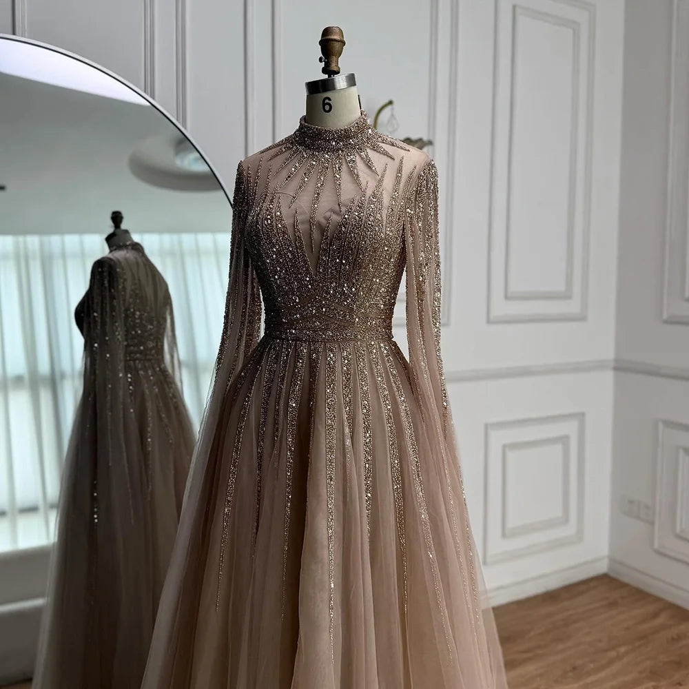 Luxury Arabic Turquoise A-Line Beaded Evening Dress with Cape LA72199