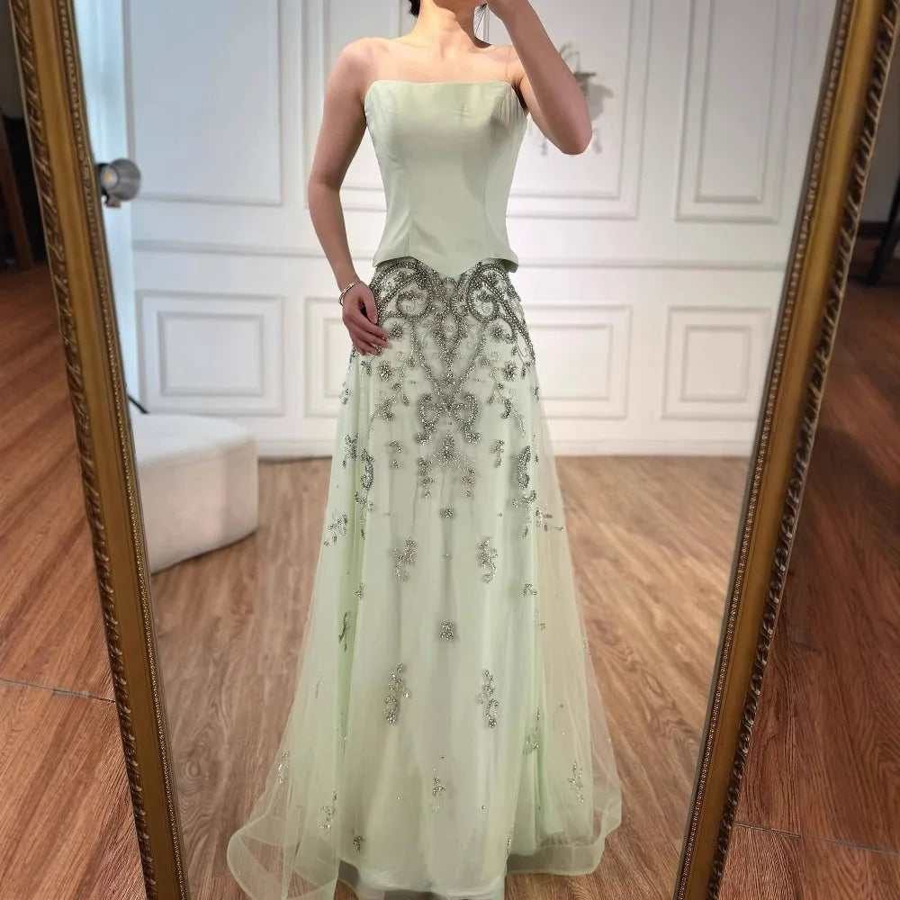 Elegant Sage Green Beaded A-Line Evening Dress Gown LA72809