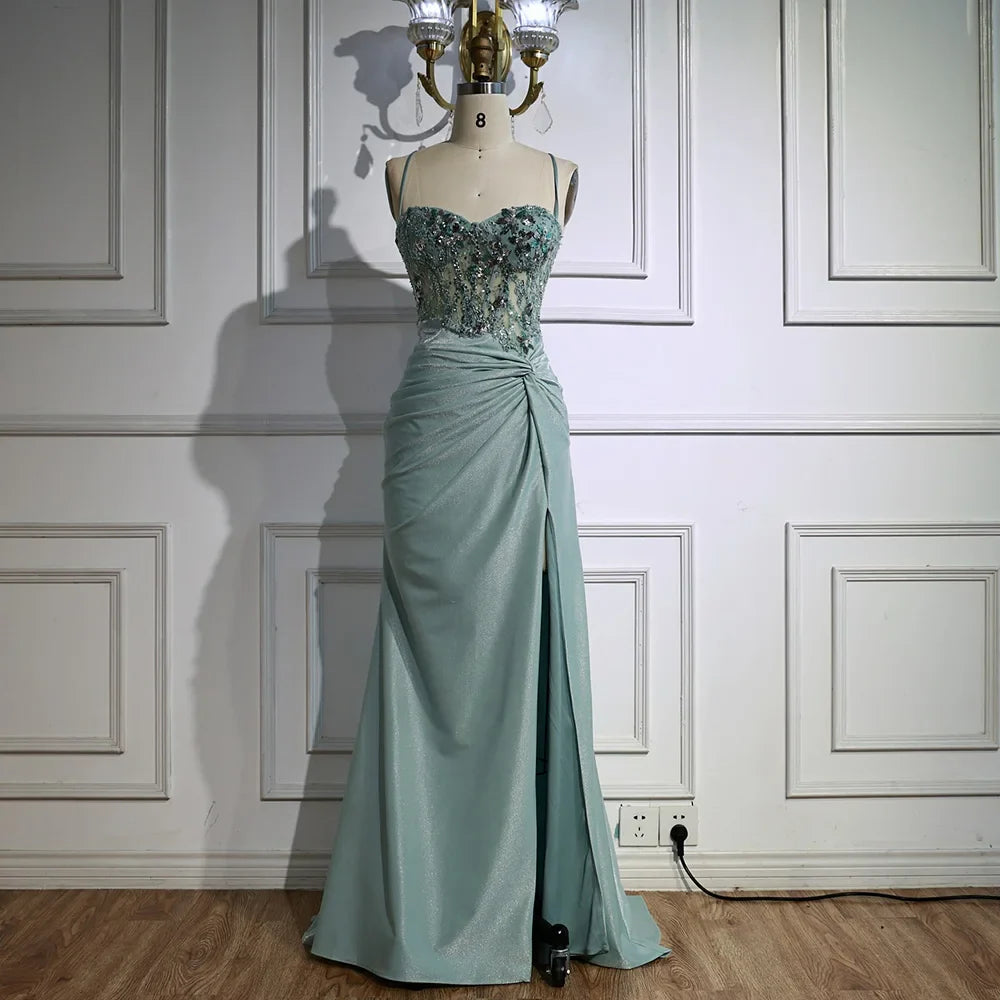 Luxury Light Green Satin Prom Dress with Lace and Slit LA73032A