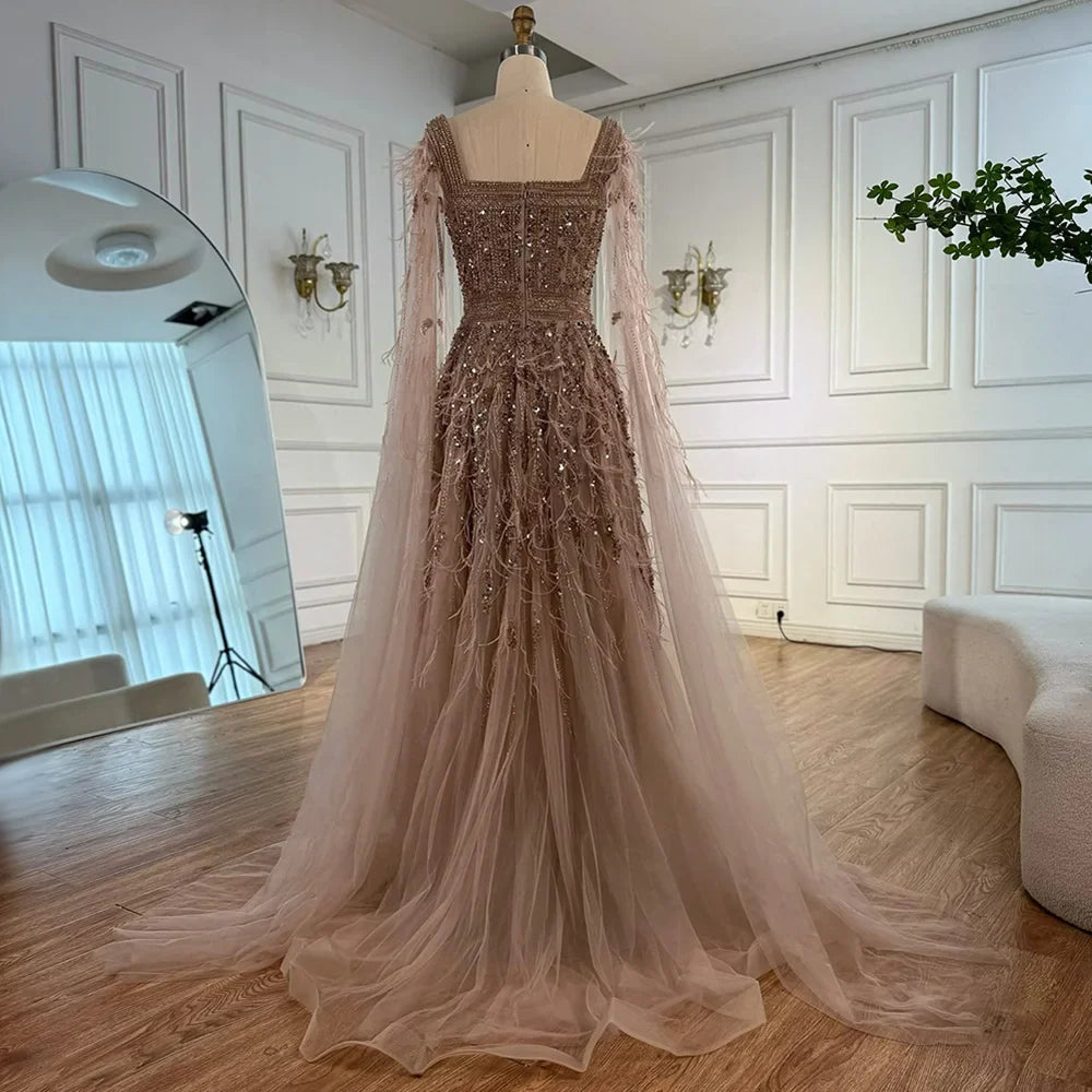 Elegant Blue Beaded Feather A-Line Evening Dress With Cape  LA73043