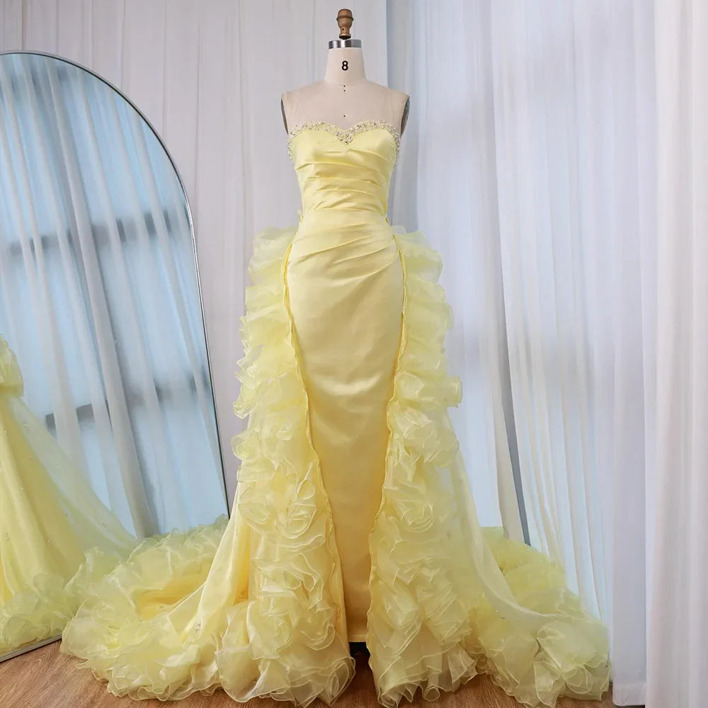 Yellow Ruffled Evening Gown with Beaded Details LA72889