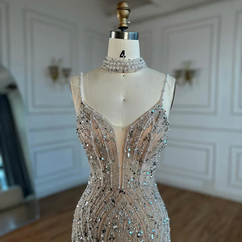 White Nude Beaded Mermaid Evening Dress with Spaghetti Straps LA72047D