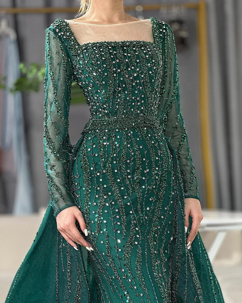 Luxury Green Mermaid Evening Dress with Overskirt LA72710