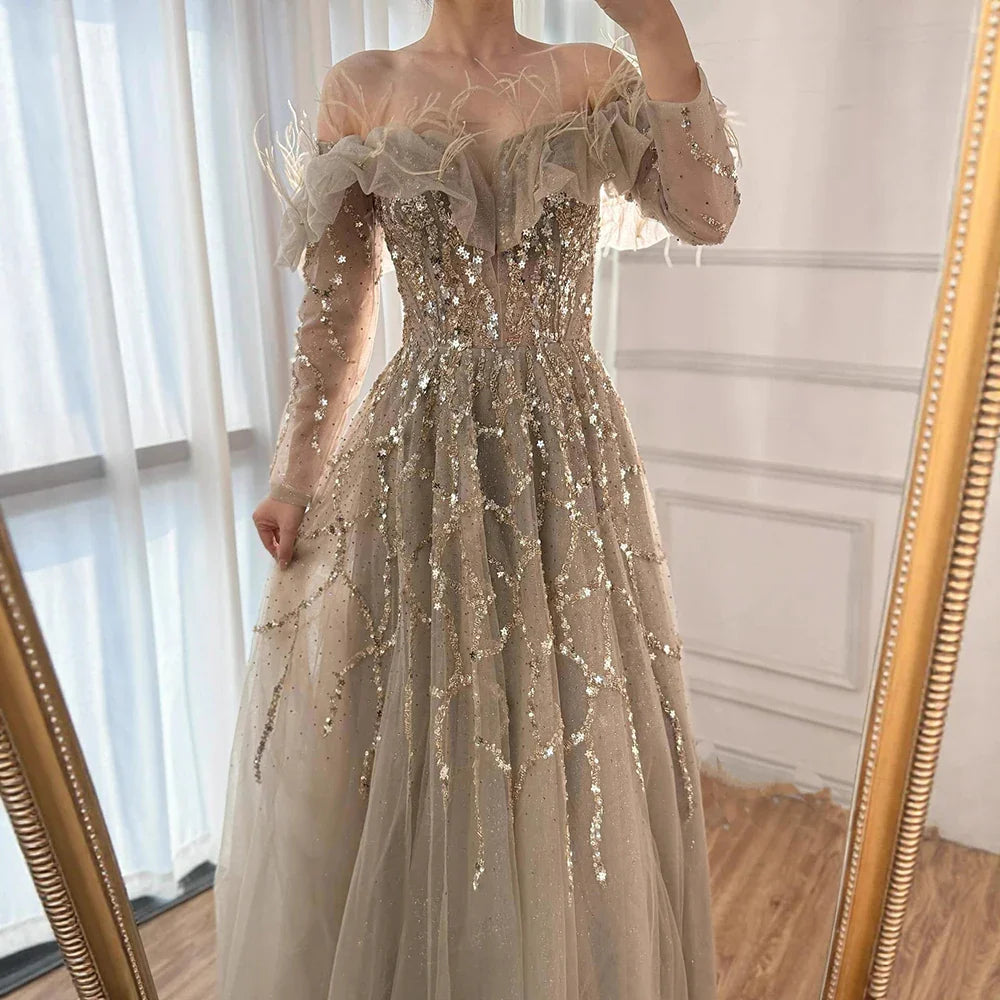 Luxury Caramel Beaded Feather A-Line Sparkle Evening Dress LA71328A