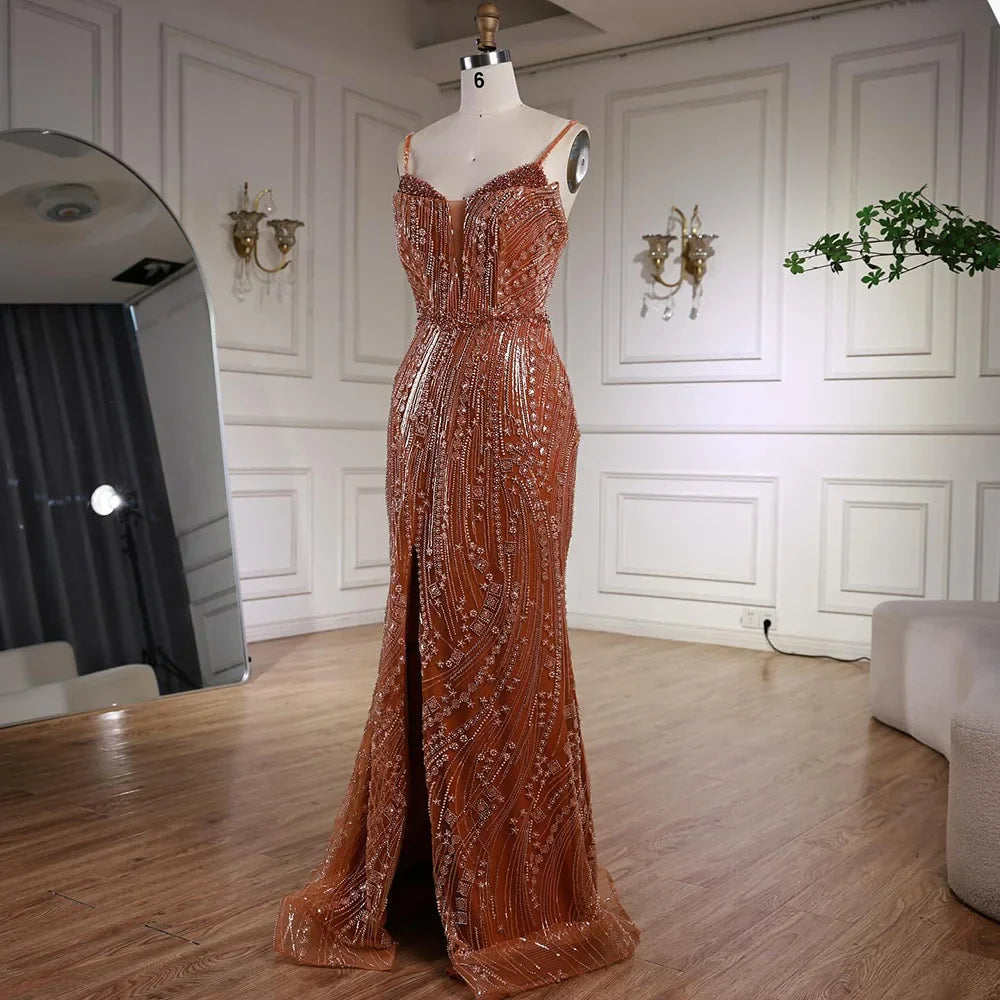 Orange Beaded Mermaid Evening Dress with Slit Spaghetti Straps LA72542