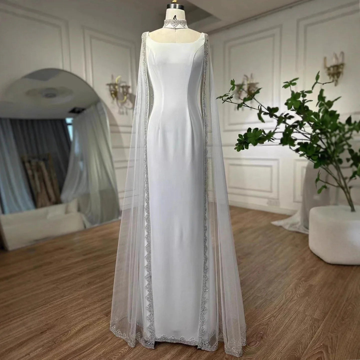 Luxury Blue Mermaid Beaded Evening Dress with Cape Sleeves LA72086