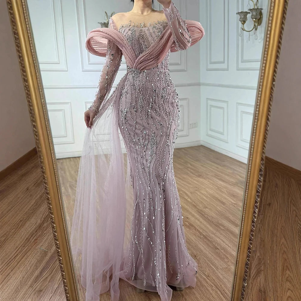 Elegant Sage Green Beaded Evening Dress with Flowing Hem LA72928