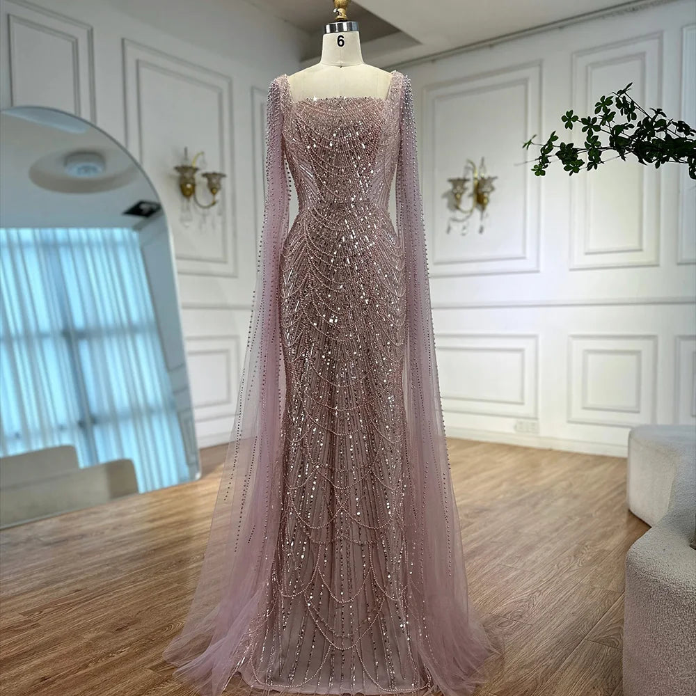 Luxury Turquoise Pearl Arabic Mermaid Evening Dress with Cape Sleeves LA72590A
