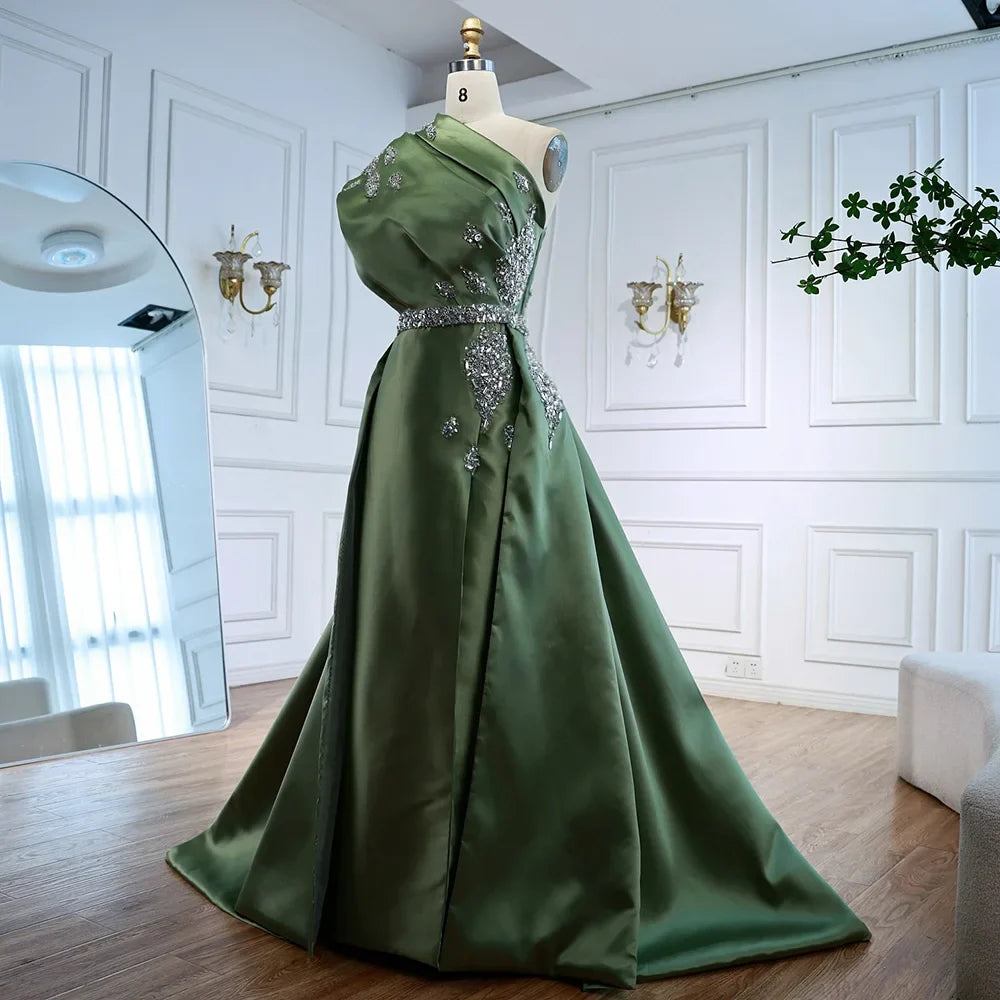 Luxury Dark Green Satin Beaded One Shoulder Evening Dress LA72845