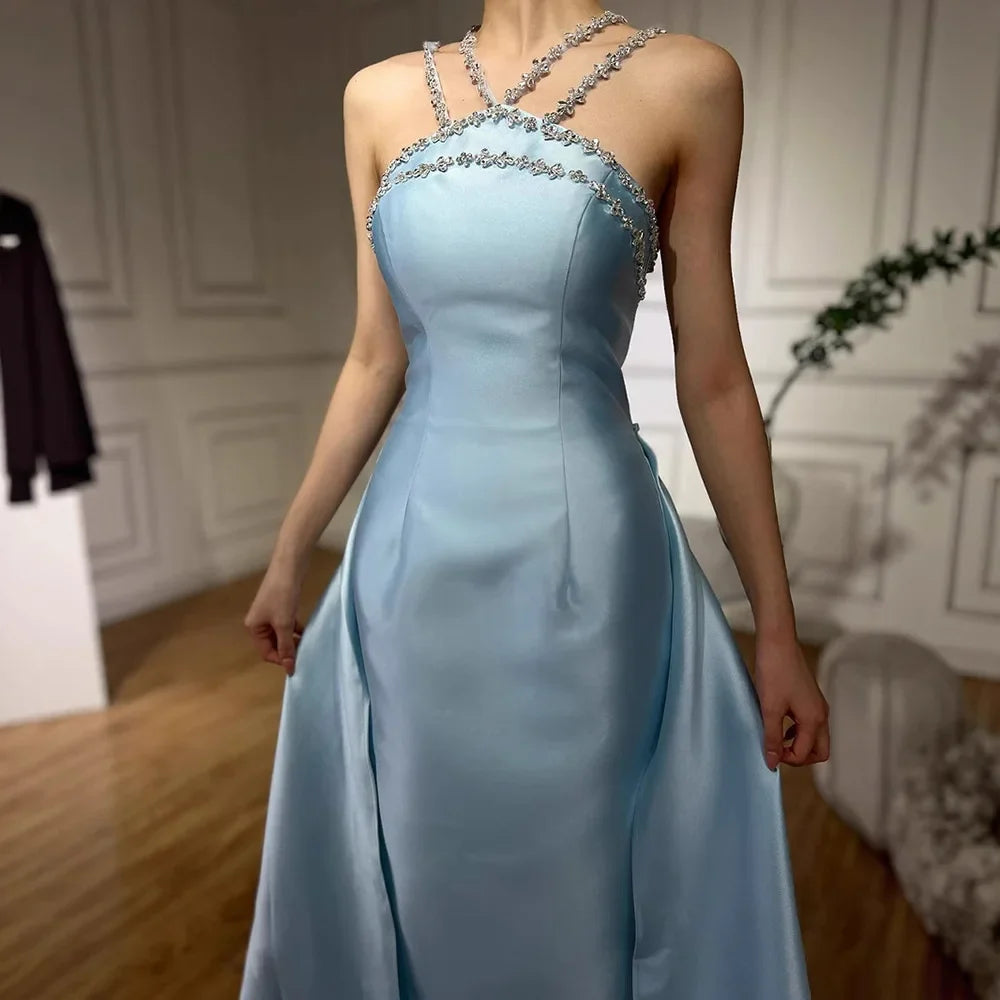 Elegant Light Blue Satin Arabic Evening Dress with Overskirt LA72524