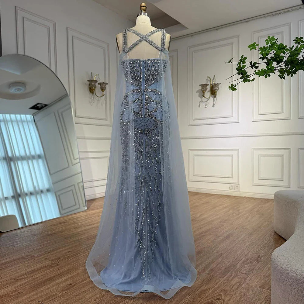 Luxury Nude Cape Sleeves Beaded Crystal Evening Dress LA72806