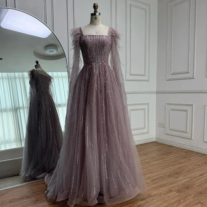 Blue Luxury Feathers Arabic Evening Dresses with Cape LA72236