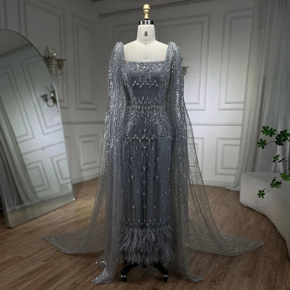 Bling Gray Mermaid Feather Arabic Midi  Evening Dress with Cape LA72334