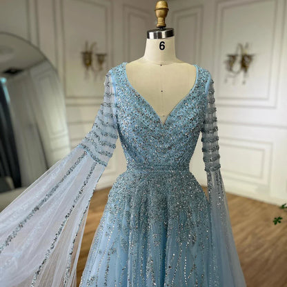 Luxury Dubai  Arabic Caramel Elegant A-Line Beaded Long Evening Dresses Gowns with Cape Sleeves for Formal Occasion LA72750