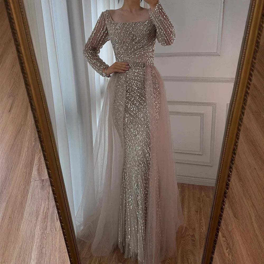 Luxury Gray Beaded Mermaid Evening Dress with Detachable Skirt LA71618L