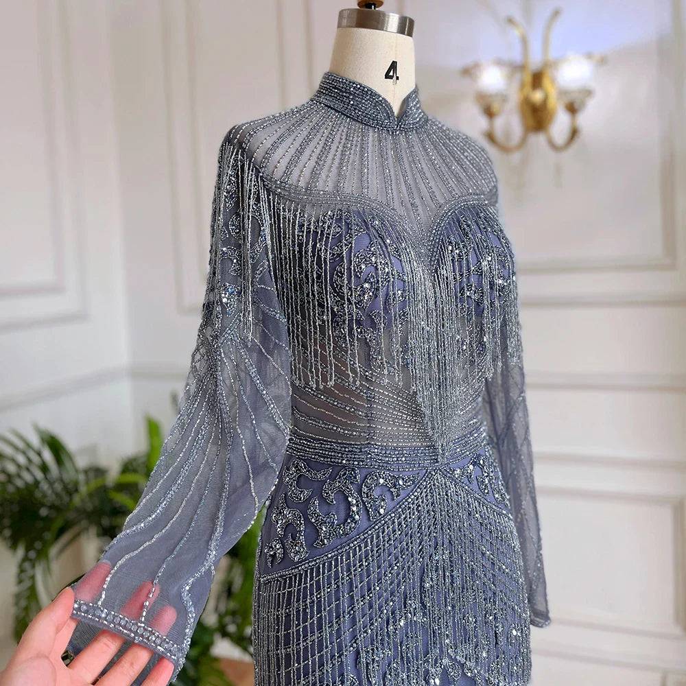 Luxury Blue Beaded Tassel Mermaid Evening Dress Dubai Style LA71986
