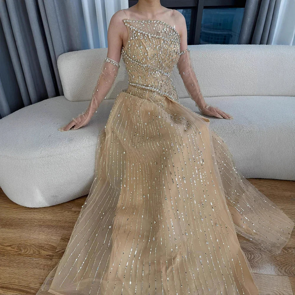 Luxury Nude Crystal Beaded A-Line Evening Dress with Split LA72949