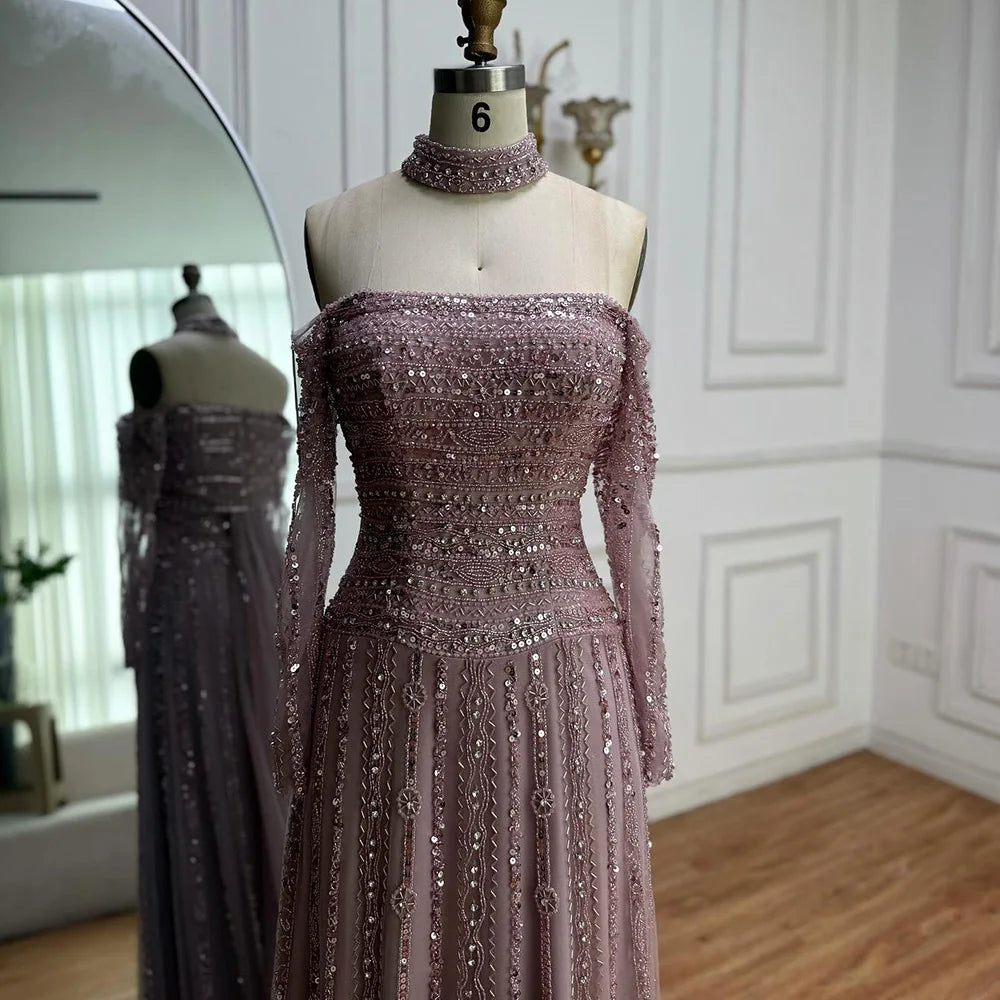 Caramel Off Shoulder Beaded Mermaid Evening Dress Long Sleeves LA73053