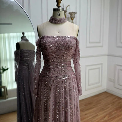 Caramel Off Shoulder Beaded Mermaid Evening Dress Long Sleeves LA73053