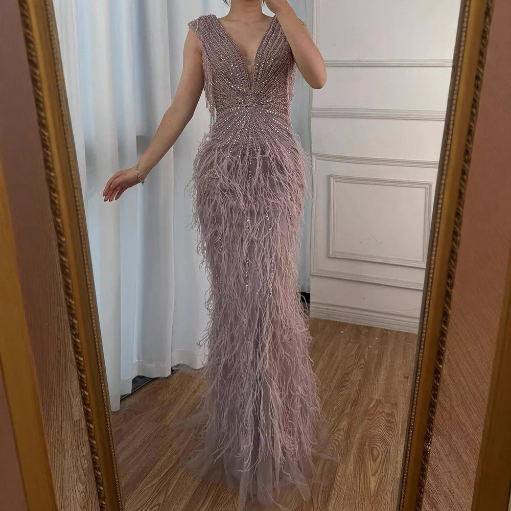 Luxury  Brown Mermaid Elegant Beaded Evening Dress Gown with Feathers LA70801