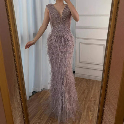 Luxury  Brown Mermaid Elegant Beaded Evening Dress Gown with Feathers LA70801