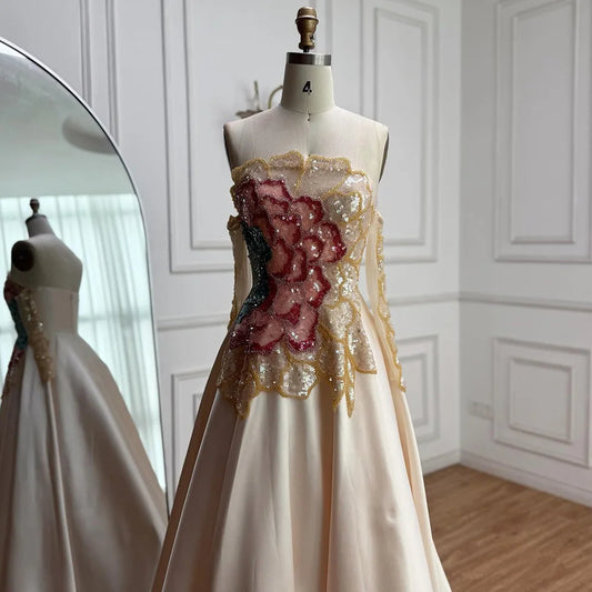 Strapless Satin A-Line Evening Dress with Sequin Bodice LA72195B