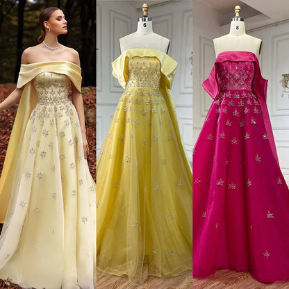 Luxury Dubai Arabic Yellow Elegant Boat Neck Long Evening Dress LA72531