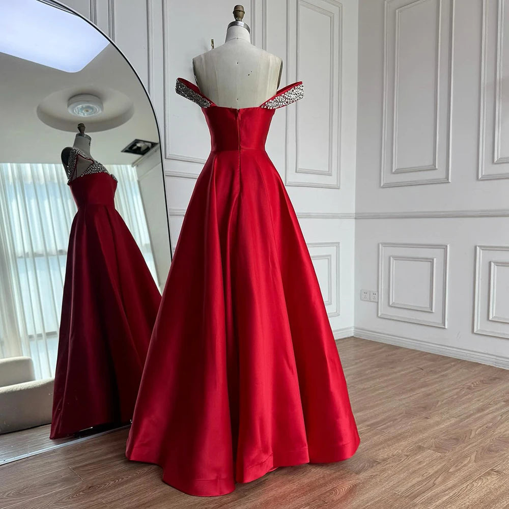 Luxury Red Beaded A-Line Prom Dress with Spaghetti Straps LA73049