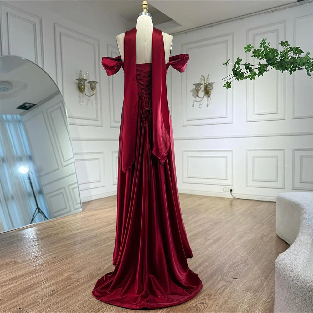 Luxury Wine Red Satin Evening Dress Elegant Gown LA73168