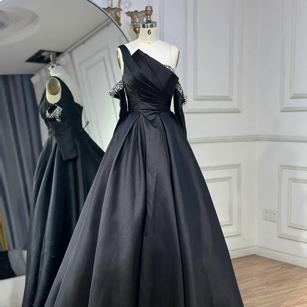 Luxury Black Satin One Shoulder Beaded A-Line Evening Dress LA72741