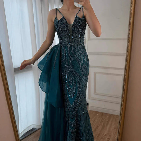 Luxury Green Spaghetti Strap Beaded Mermaid Evening Dress with Overskirt LA72378B