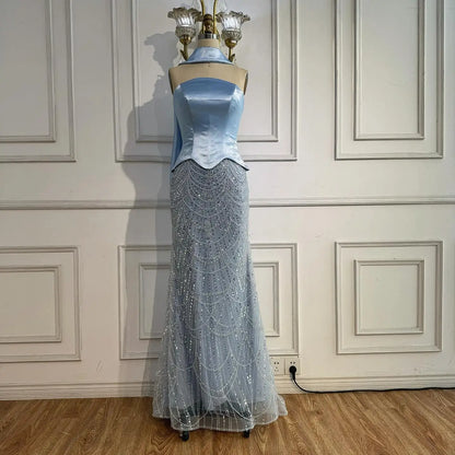 Blue Arabic Dubai Designer A-Line Evening Dress for Women Party LA73216