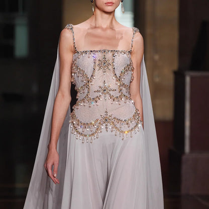 Luxury Gray Chiffon Cape Evening Dress with Beaded Bodice LA73123