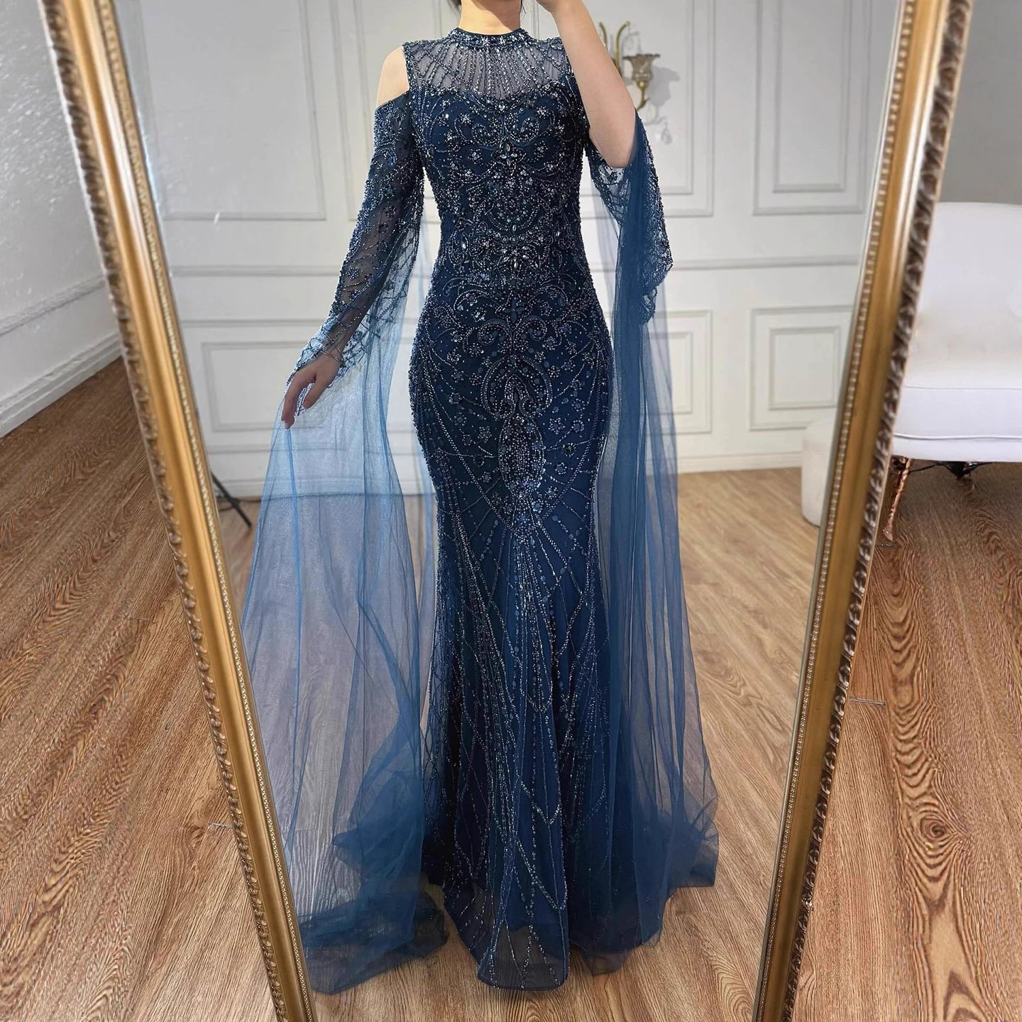 Luxury Dubai Navy Blue Beaded Lace Evening Dress with Cape Sleeves LA73323