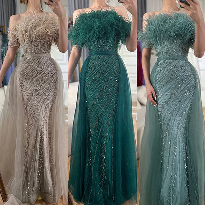 Luxury Dubai Saudi Arabic Beaded Caramel Mermaid Elegant Evening Dresses Gowns with Overskirt LA71634A