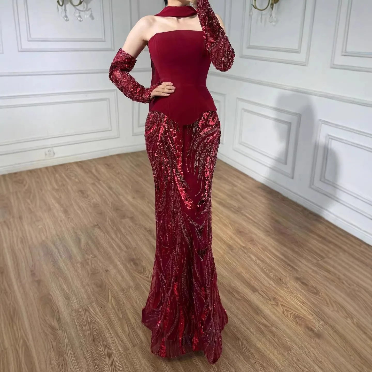 Luxury Wine Red Mermaid Evening Dress With Gloves LA73050E