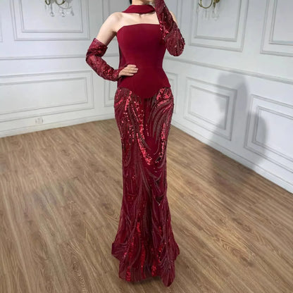 Luxury Wine Red Mermaid Evening Dress With Gloves LA73050E