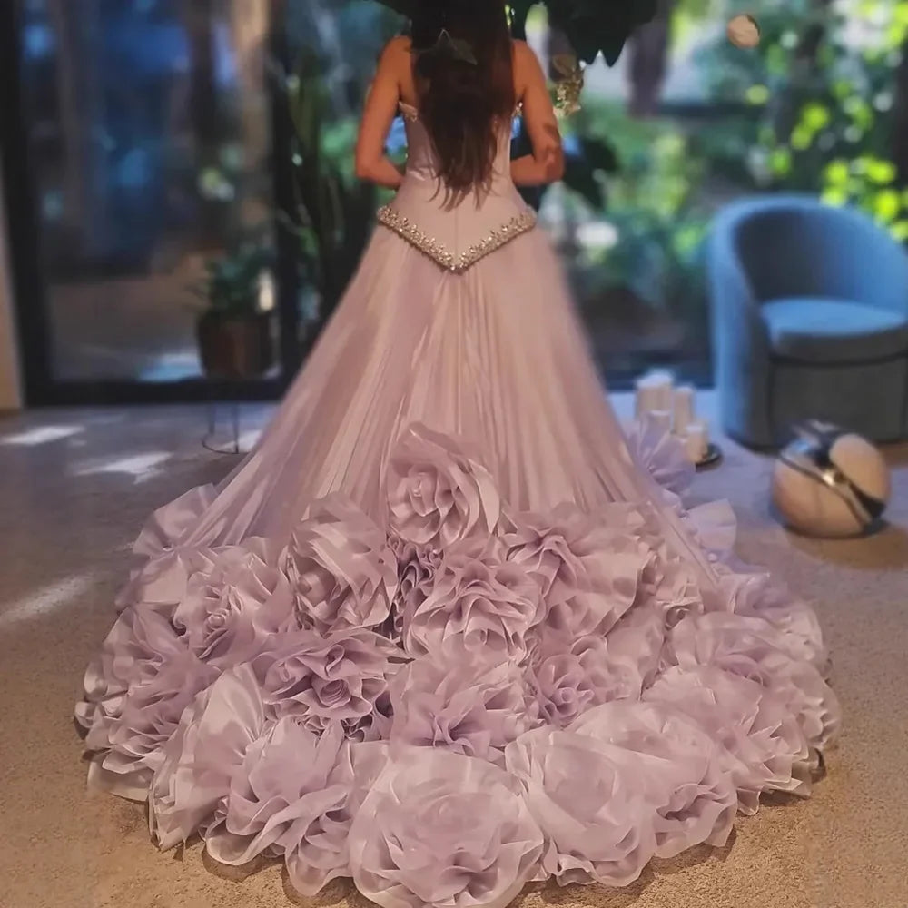 Luxury Lilac Strapless Beaded Evening Dress with Floral Train LA72913A
