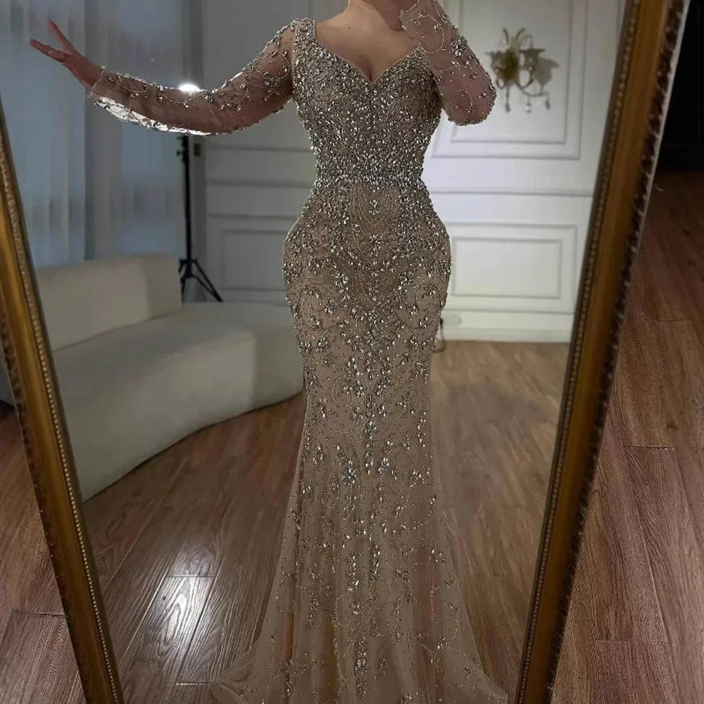 Luxury Nude Beaded Crystal Mermaid Evening Dress with Long Sleeves LA73042
