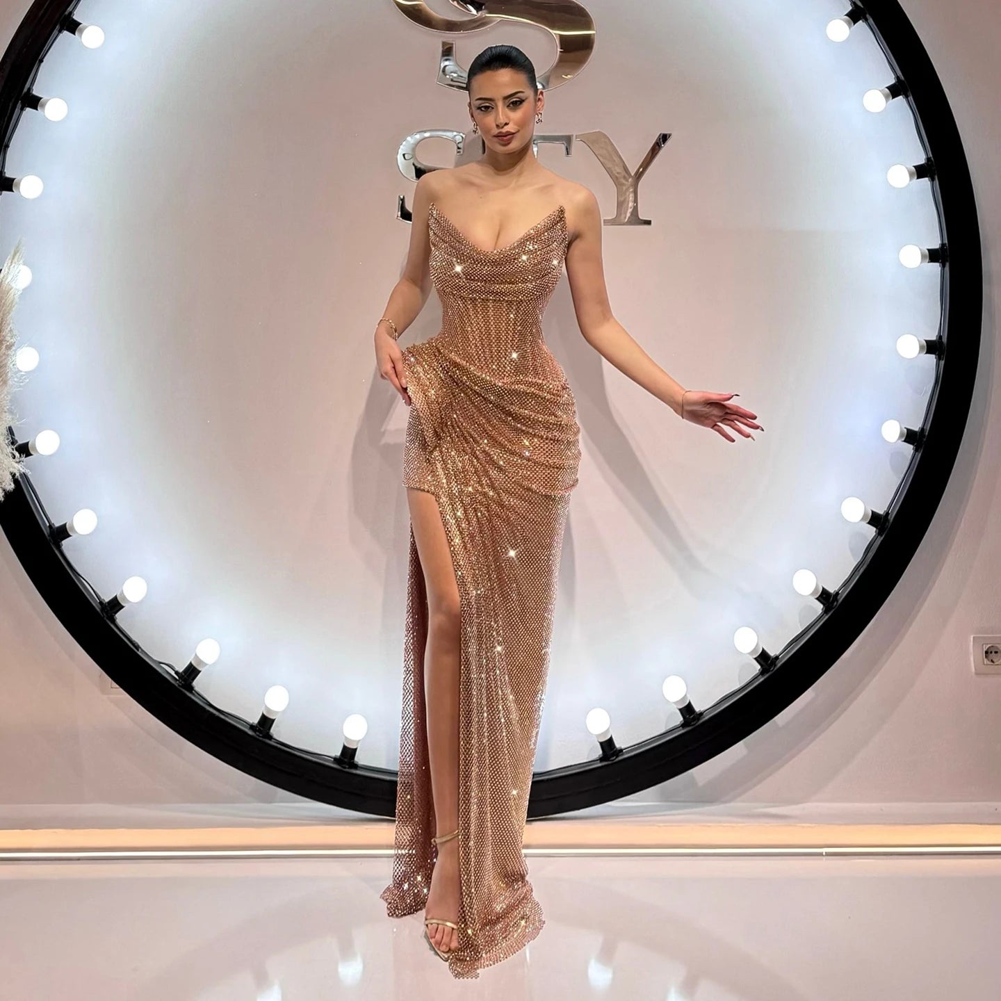 Luxury Rose Gold Saudi Arabic Beaded High Split Evening Dress LA72807B