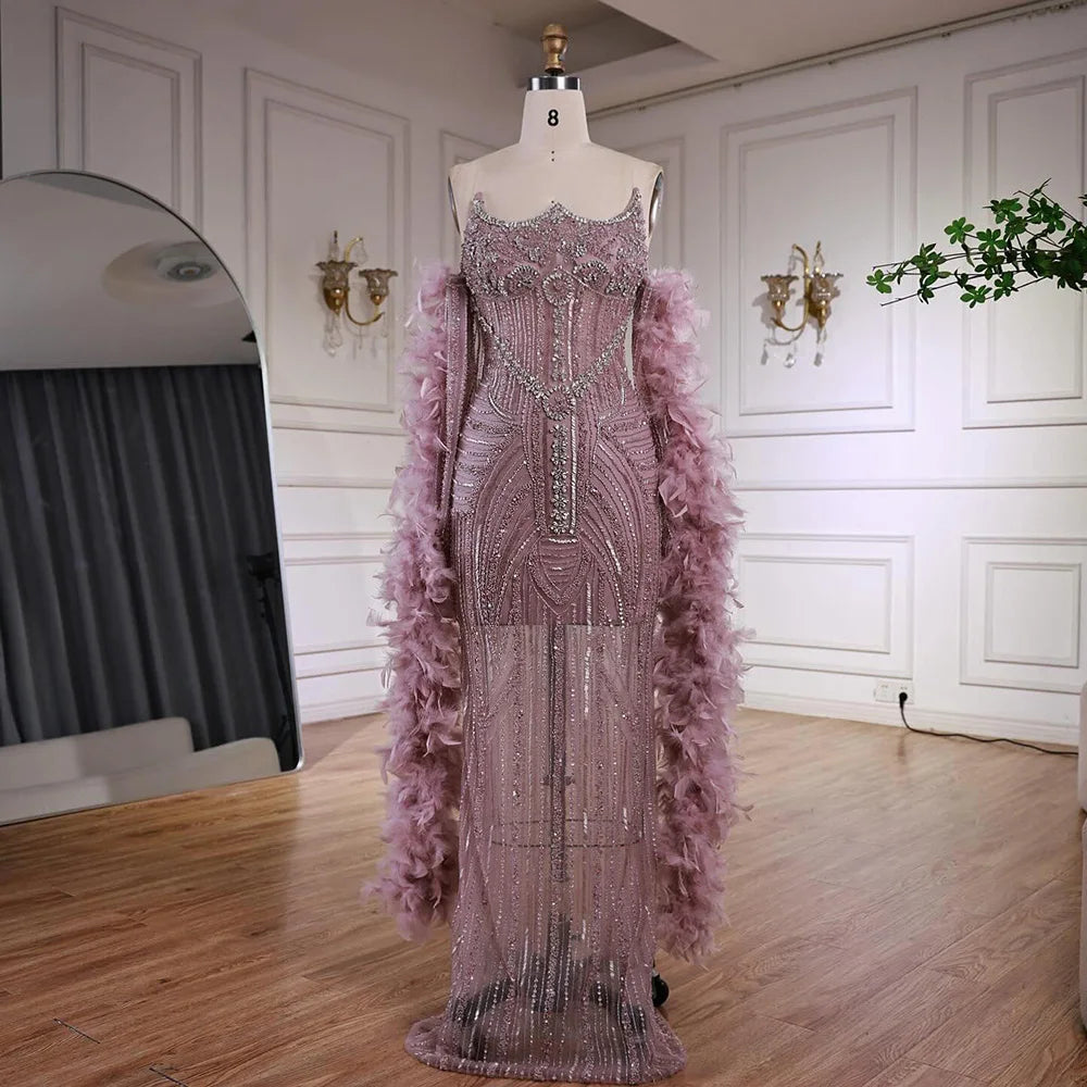 Luxury Caramel Beaded Mermaid Evening Dress with Feather Sleeves LA73055
