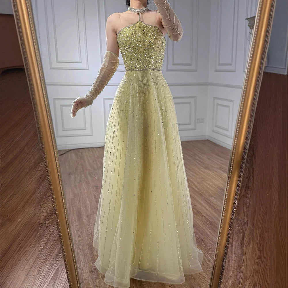 Sparkly Luxury Beaded Yellow Halter Evening Dress Gloves Saudi LA72948
