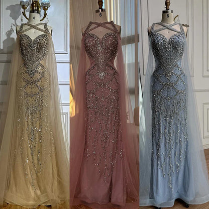 Luxury Nude Cape Sleeves Beaded Crystal Evening Dress LA72806
