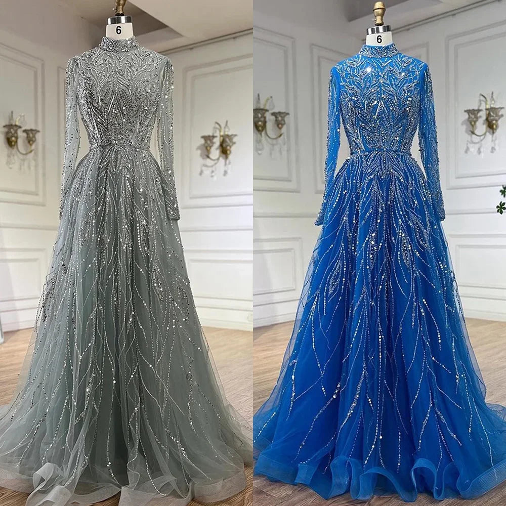 Luxury Muslim Blue A-Line Beaded Dubai Evening Dress LA72302A