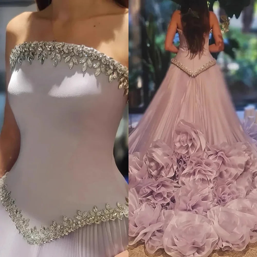 Luxury Lilac Strapless Beaded Evening Dress with Floral Train LA72913A